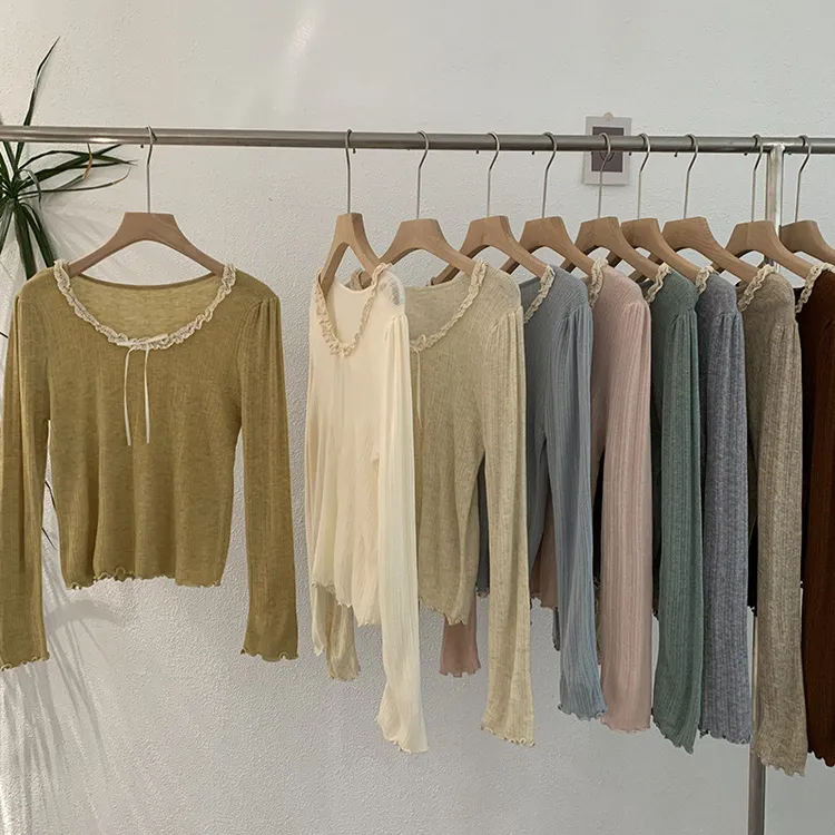 蕾丝花边拼接蝴蝶结针织衫2024秋甜美大圆领长袖上衣韩版开衫显瘦