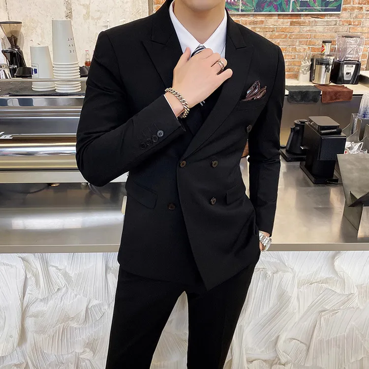轻熟双排扣西装男高档结婚礼服套装韩版码痞帅修身西服休闲商务装