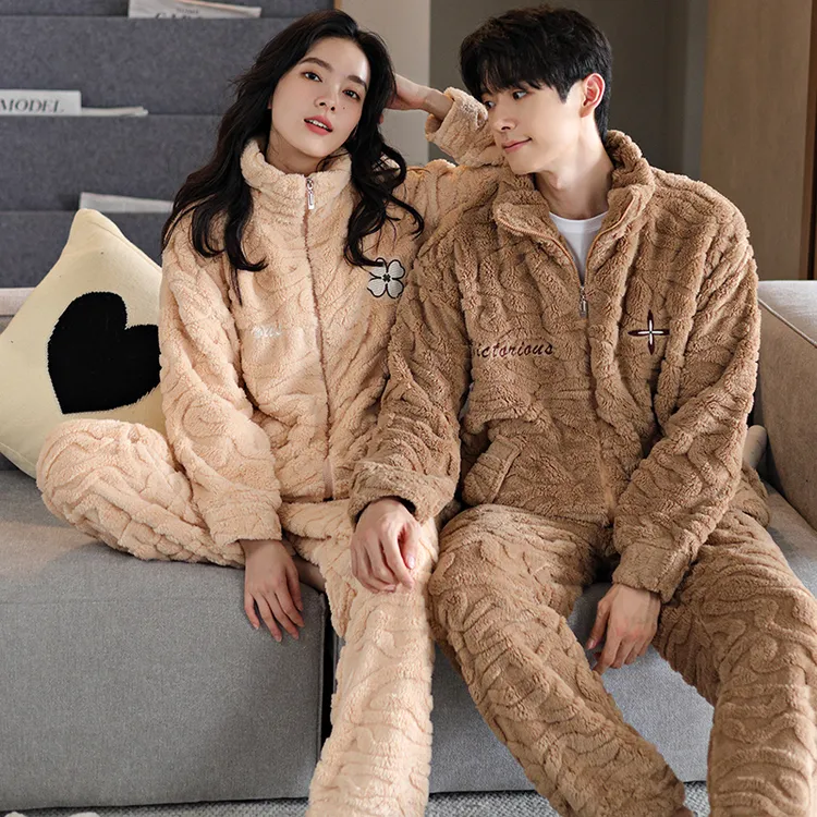 浪莎情侣睡衣女冬季珊瑚绒加绒加厚法兰绒简约拉链保暖男士家居服