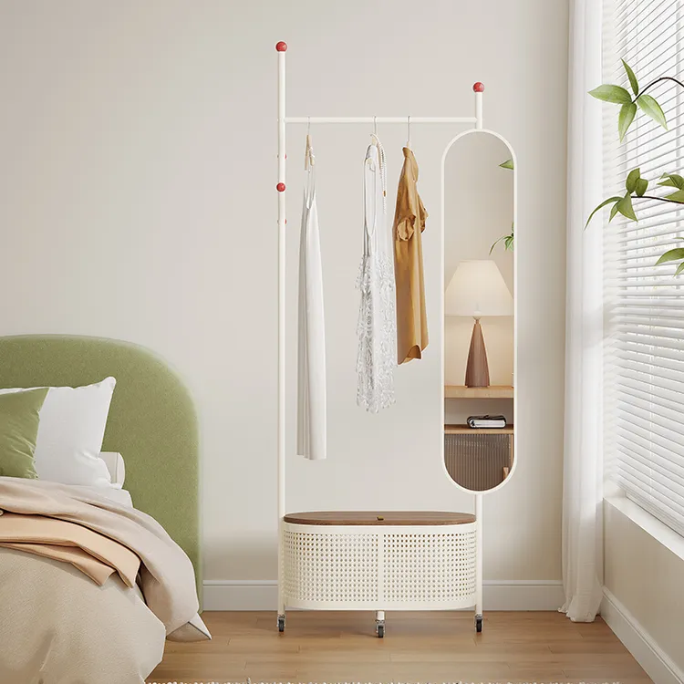 棠克奶油风落地旋转全身镜衣帽架一体家用多功能穿衣镜挂衣架镜子