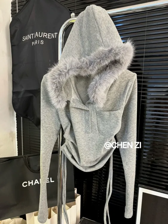 【绒绒小奶狐】拉长比例温润雅致慵懒带毛领上衣女加绒加厚卫衣外套