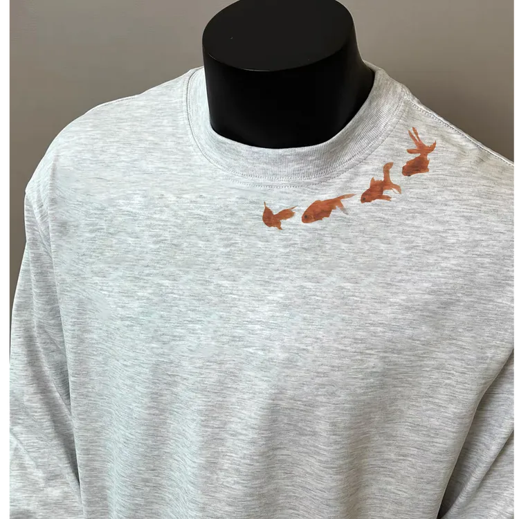 100%纯棉重磅美式复古小众设计领边金鱼宽松休闲长袖T恤打底衫ins