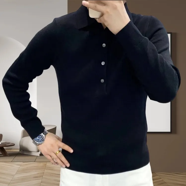 秋季爆款男士翻领针织Polo衫休闲时尚百搭轻奢高档商务纯色长袖
