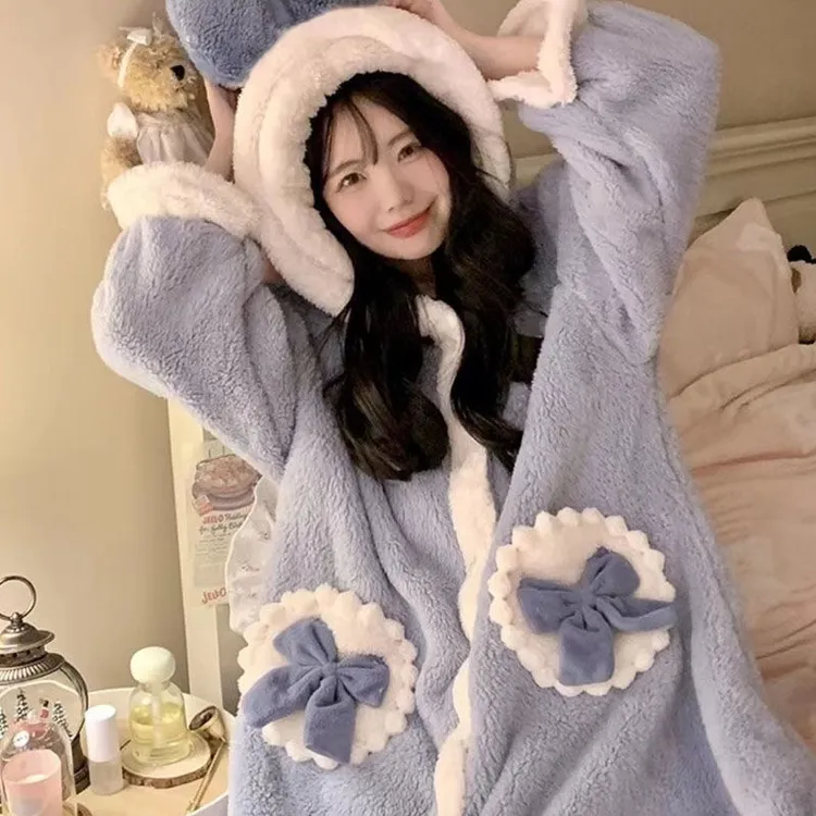 睡袍女秋冬季中长款加厚加绒艾莎公主风睡衣可外穿连帽珊瑚绒浴袍