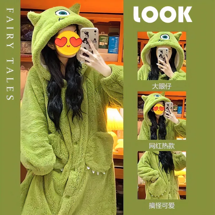 睡衣女秋冬季加绒加厚大眼仔睡袍可爱卡通家居服保暖睡衣可外穿