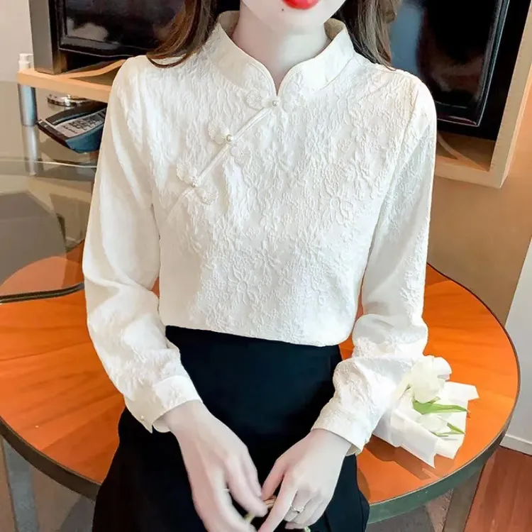 盘扣长袖衬衫女2025春季新款复古中式内搭打底衫时尚显瘦气质上衣