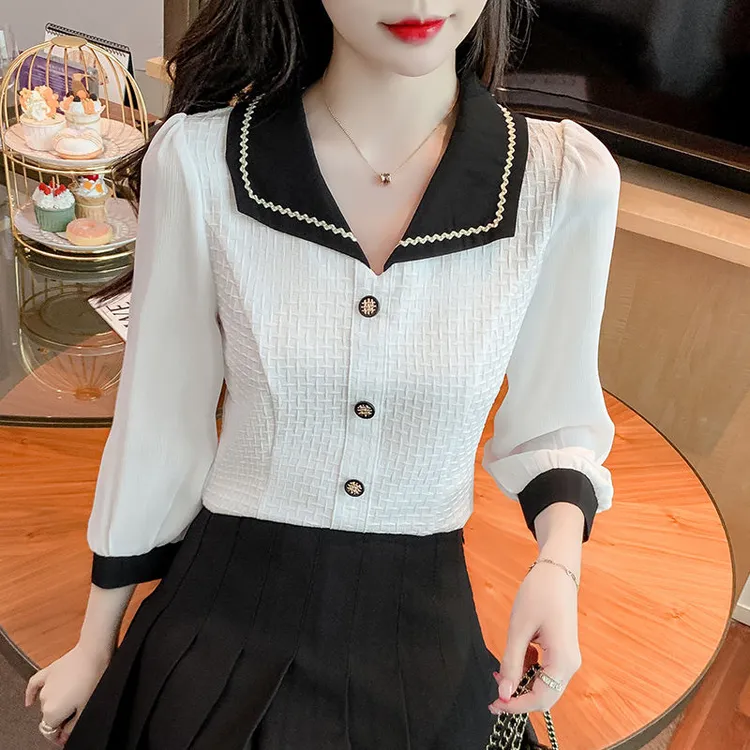 小香风娃娃领雪纺衬衫女秋季时尚气质洋气显瘦小衫拼接别致上衣