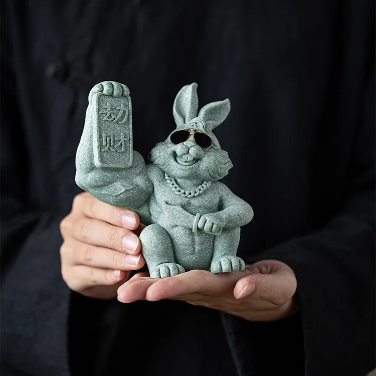 新中式招财肌肉生肖兔吉祥物茶宠摆件居家客厅茶桌茶盘装饰品摆设