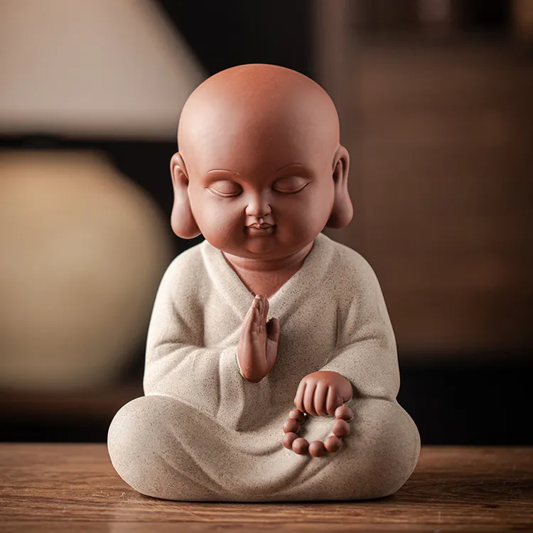 陶瓷砂弥办公室静坐禅意可爱佛像小和尚客厅中式家居艺品装饰摆件