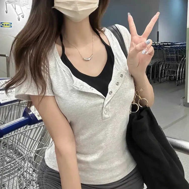 正肩t恤短袖女夏季美式上衣修身显瘦假两件挂脖设计感小众休闲风
