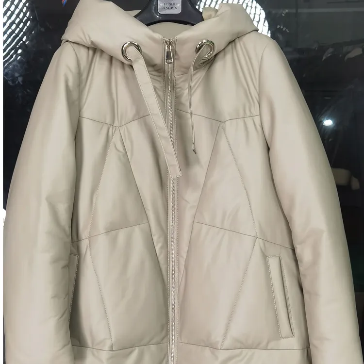 海宁绵羊皮鹅绒服浅时尚休闲百搭连帽中长款保暖冬季灰色加厚