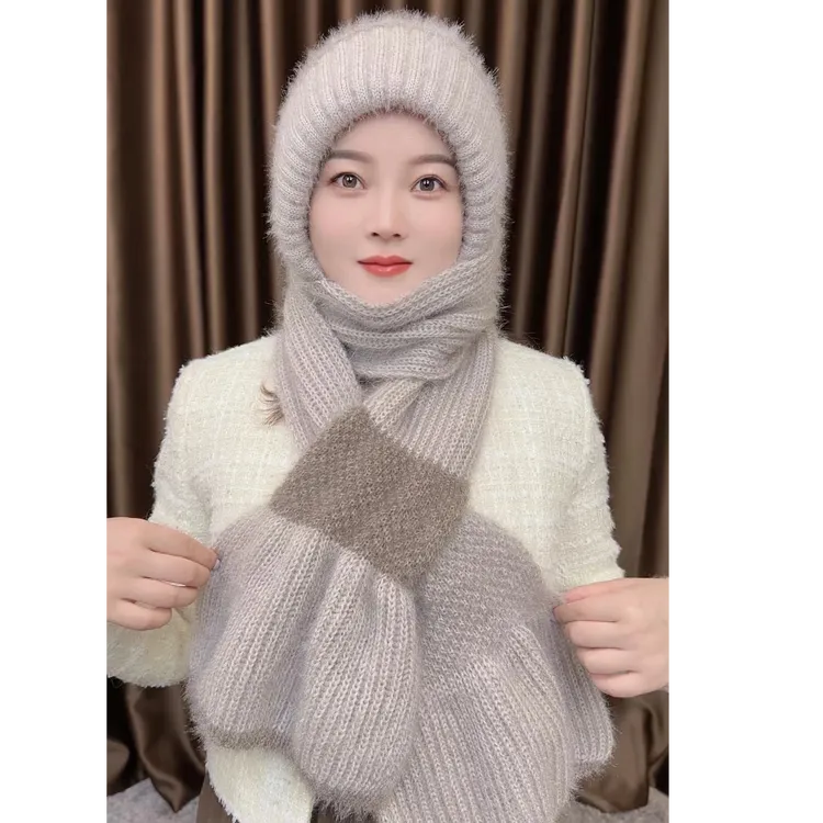 2024新款加绒加厚冬季时尚百搭防风针织帽子围巾一体毛线帽子