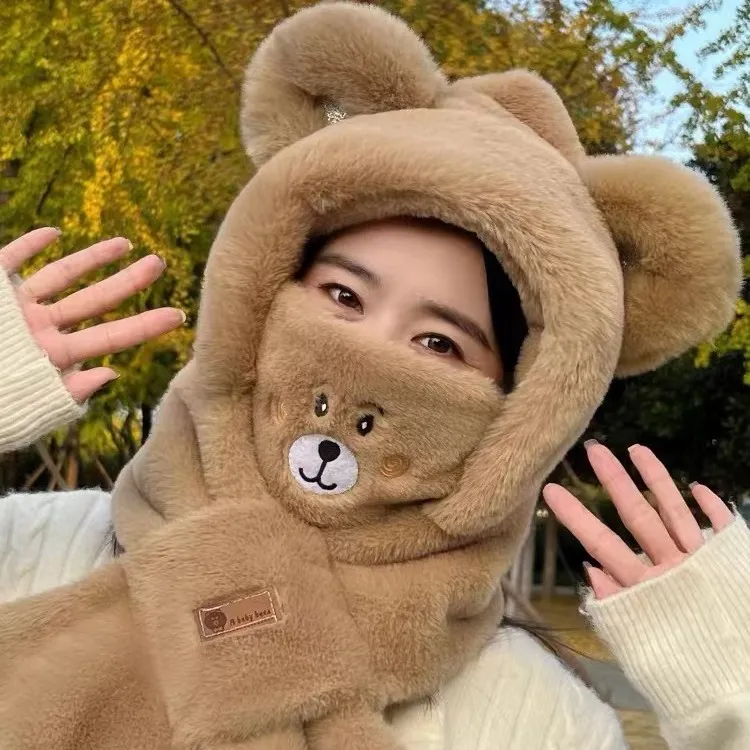 小熊款帽子围巾一体女冬季韩版百搭加厚保暖骑行电动车护耳围脖
