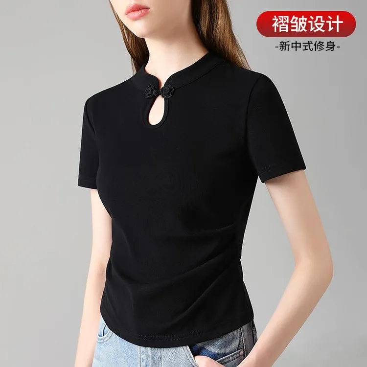 国风盘扣修身显瘦上衣女夏季2025新款小众褶皱别致立领短袖T恤女
