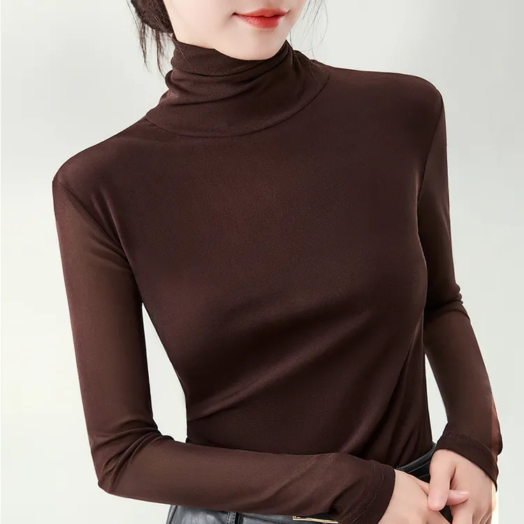 深咖高领网纱打底衫女薄款内搭2025秋冬新款洋气修身显瘦长袖T恤