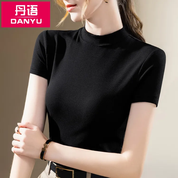半高领短袖打底衫女秋季2025新款时尚小立领上衣黑色欧货t恤女