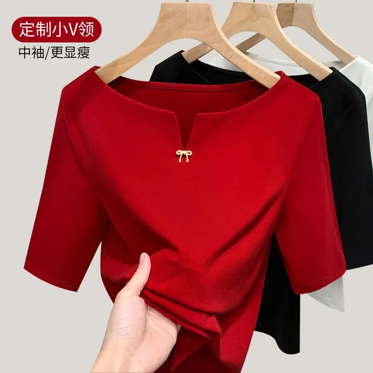 红色小v领短袖t恤女2025年春秋新款一字领内搭半袖上衣纯棉t恤女