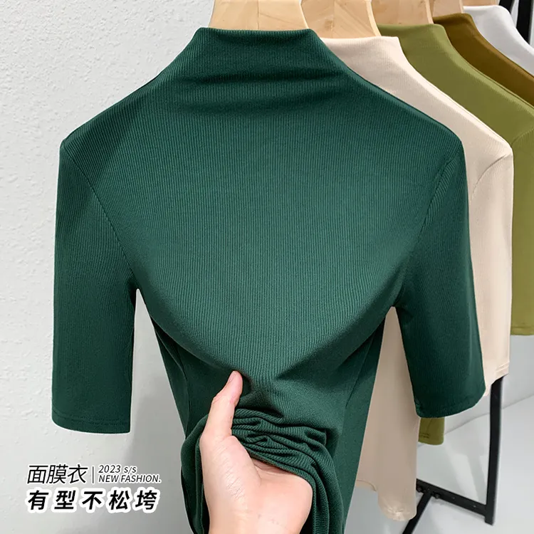 半高领中袖T恤女春秋2025新款欧货内搭打底衫女时尚墨绿色上衣