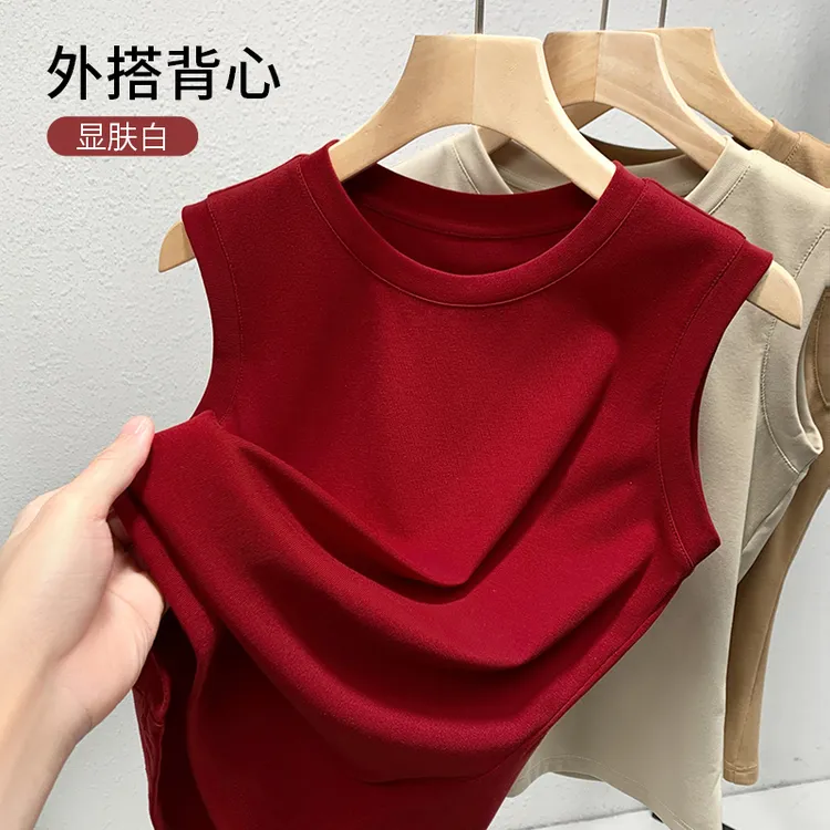 红色坎袖背心女外穿2025新款圆领内搭秋季打底衫吊带坎肩无袖上衣