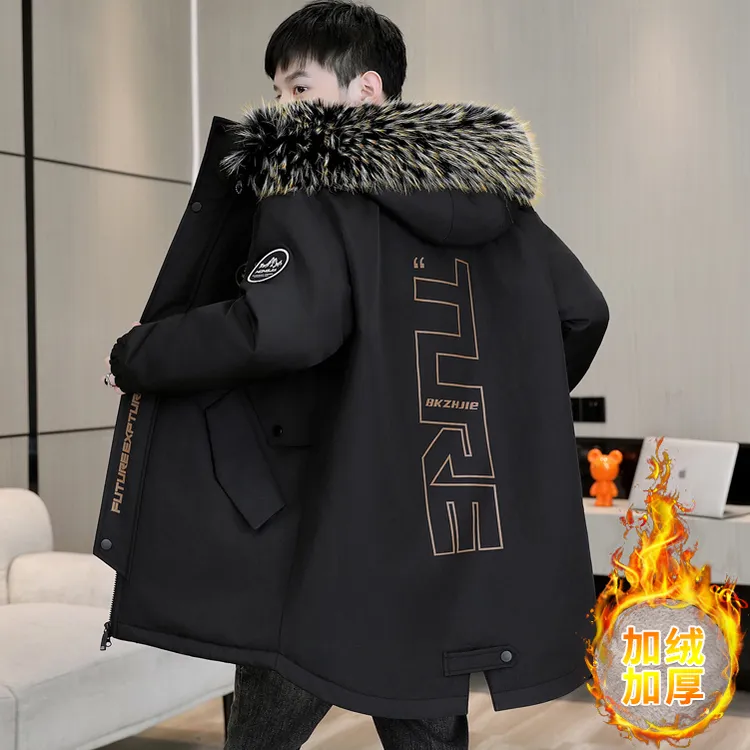 男士外套加绒加厚中长款冬季连帽休闲夹克男青少年保暖派克棉衣服