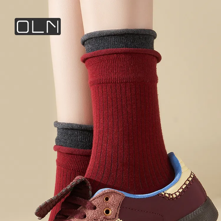 2024红袜子女复古拼色花边秋冬韩版中筒堆堆袜日系卷边纯棉女袜