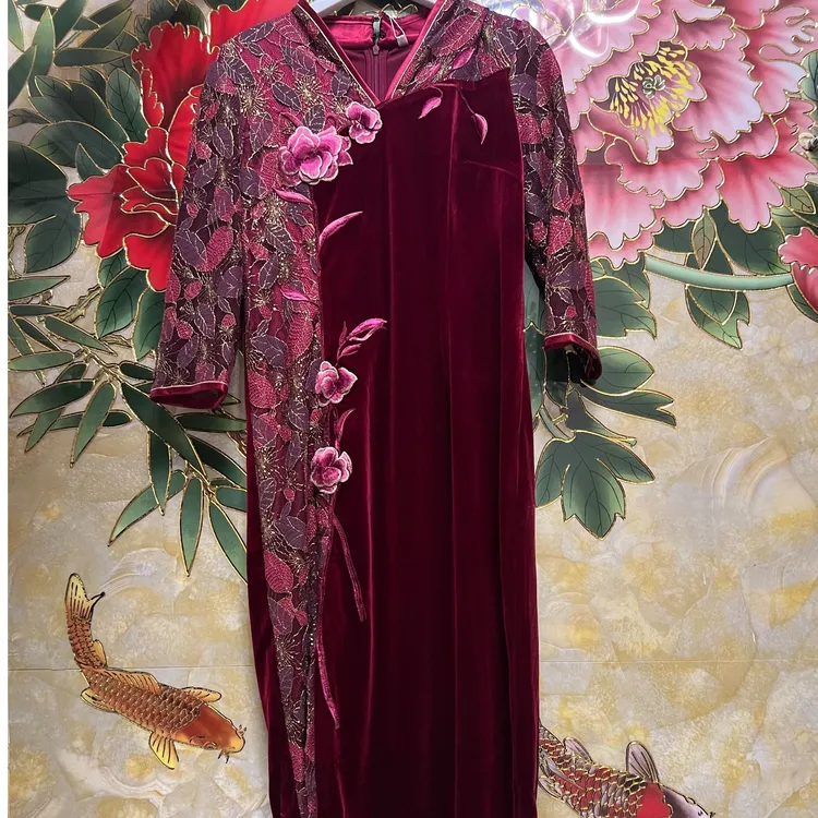 安琪儿曼得 枣红色金丝绒蕾丝礼服裙