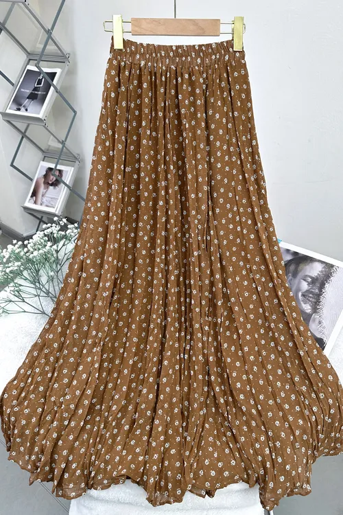 2808田园风气质焦糖色橘调雪纺大裙摆高腰显瘦半身裙新款半身裙