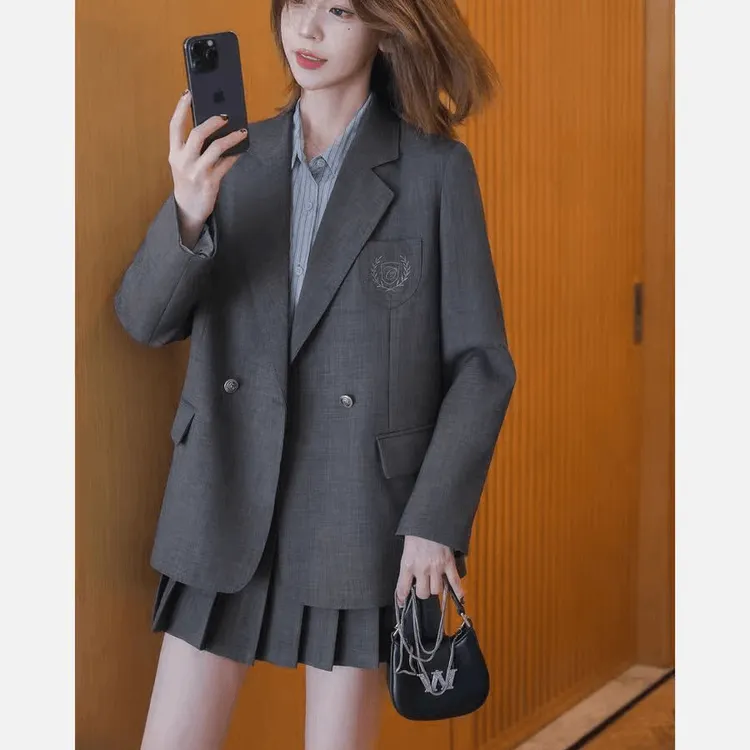 学院风刺绣西装百褶裙套装   显瘦气质春秋西装套装013
