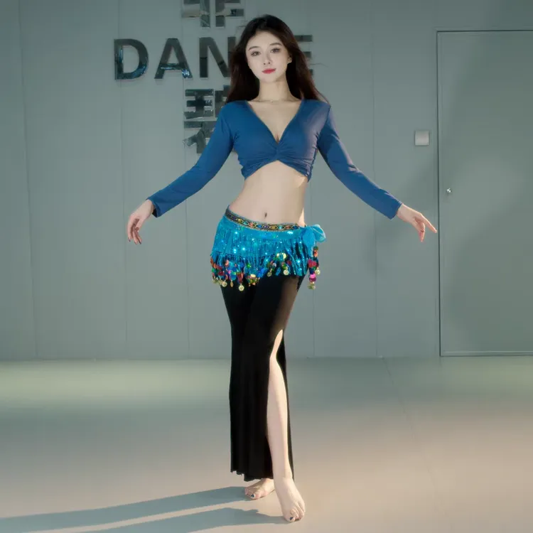 秋冬新款东方舞蹈肚皮舞练功服套装莫代尔性感开叉裤