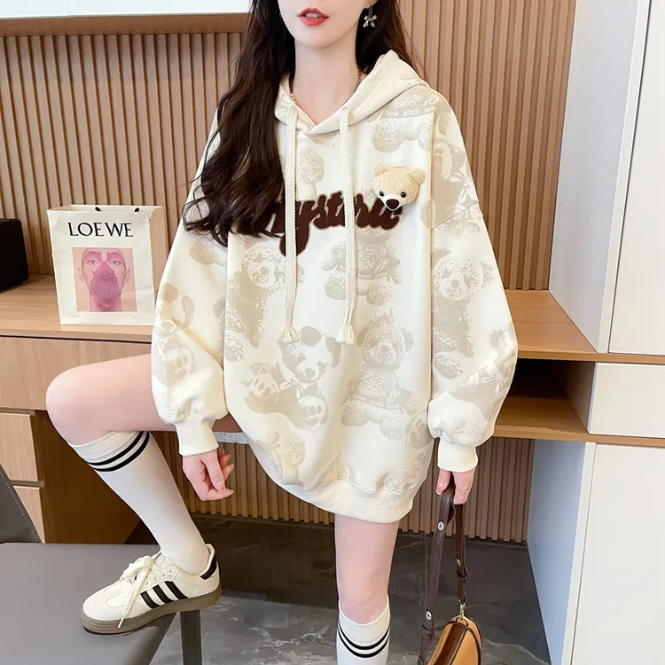 百搭重工刺绣连帽卫衣秋冬洋气中长款上衣服宽松长袖加绒女士卫衣