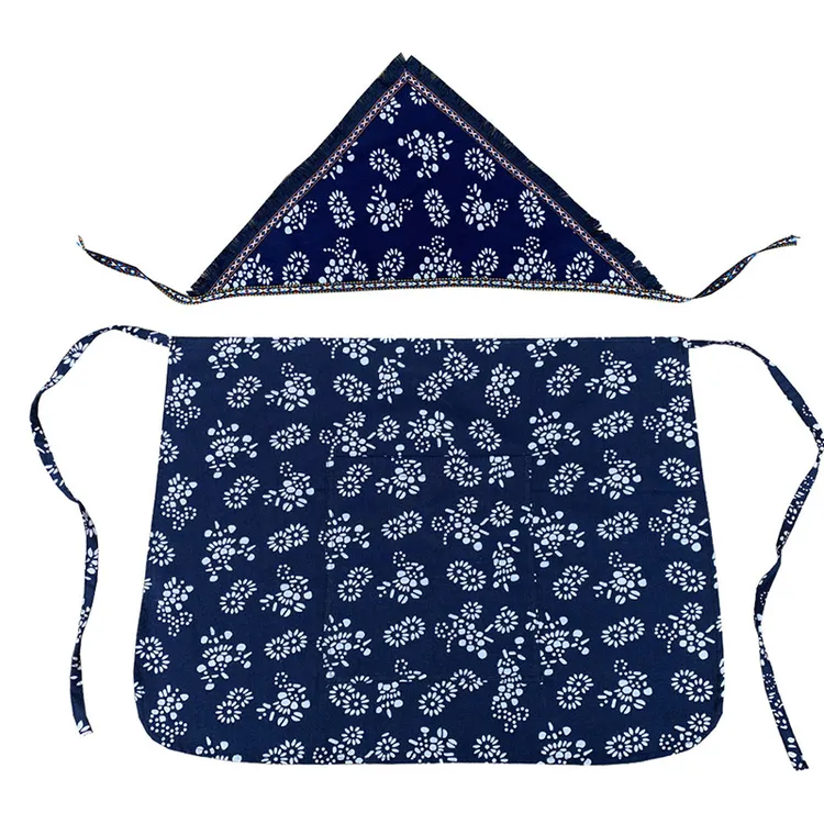 乌镇特产蓝印花布围裙 头巾采茶女农家乐围裙套装 半身围裙