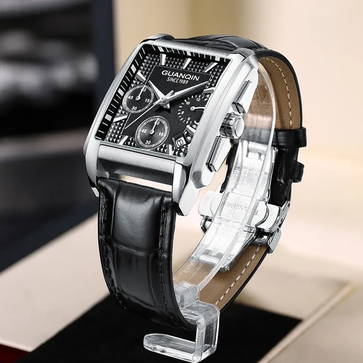 正品冠琴方形男士时尚潮流防水夜光真皮带男表官方男士手表