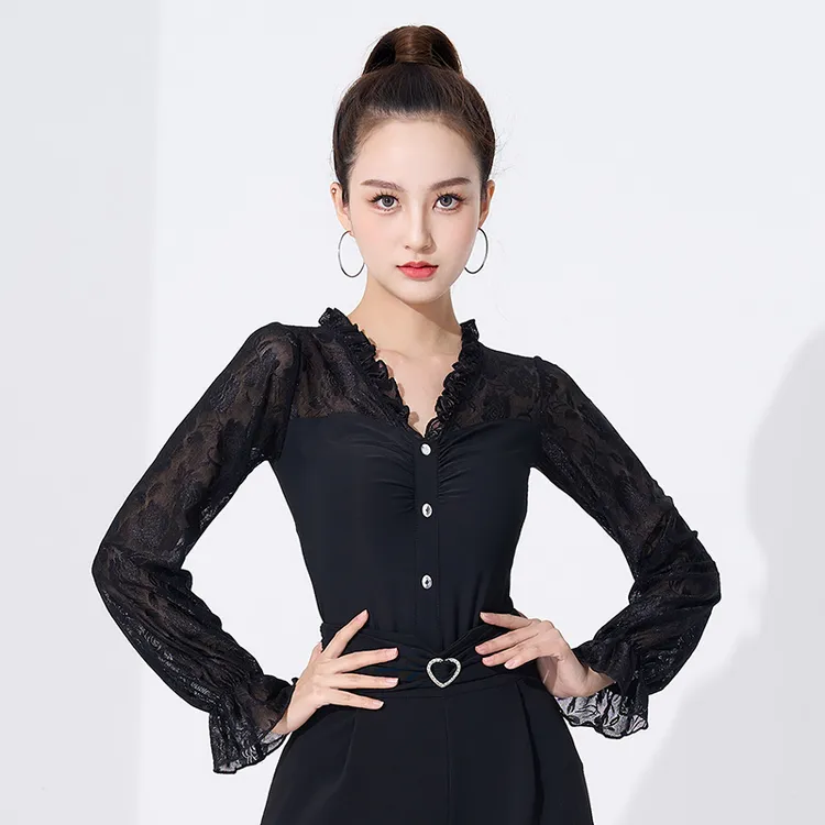 舞蹈服国标摩登舞上衣女练功带烫钻长袖2025新款舞衣成年拉丁舞服
