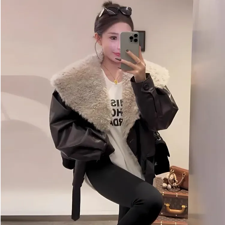 欧货皮毛短外套大翻领冬天网红款外套冬季拼接百搭休闲短款秋冬
