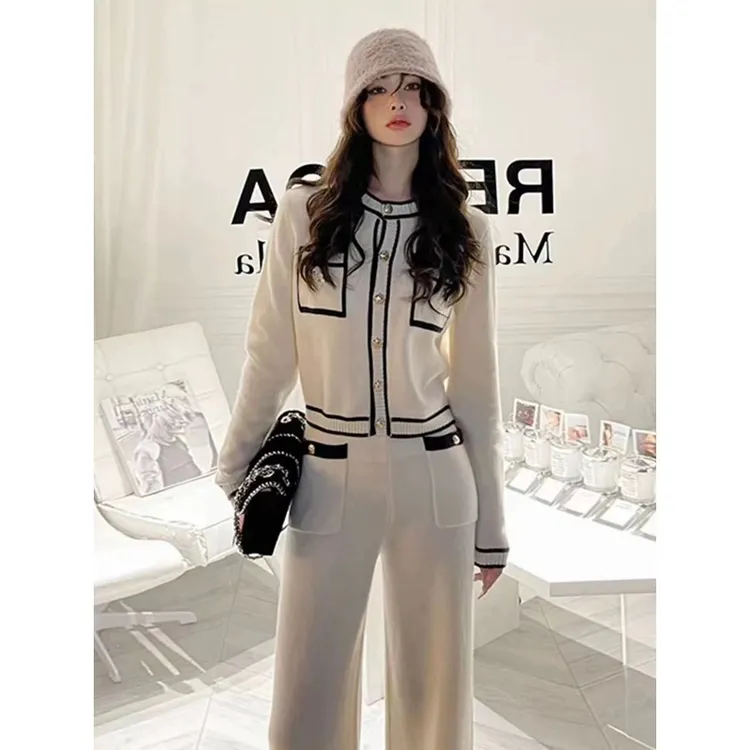 小香风名媛贵妇修身针织套装时尚洋气阔腿裤两件套女撞色小众休闲