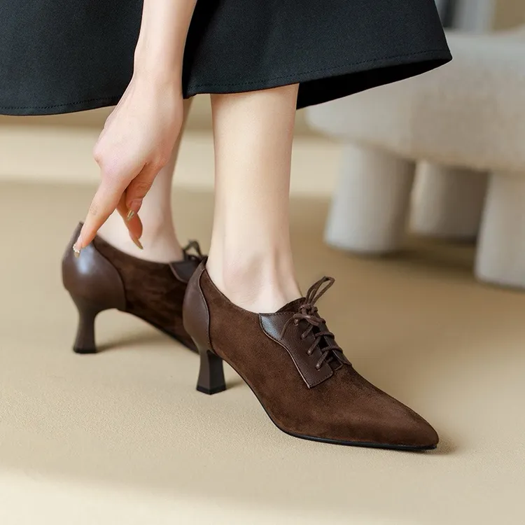 磨砂细跟高跟系带单鞋时尚尖头黑色百搭深口女鞋复古气质春秋单鞋