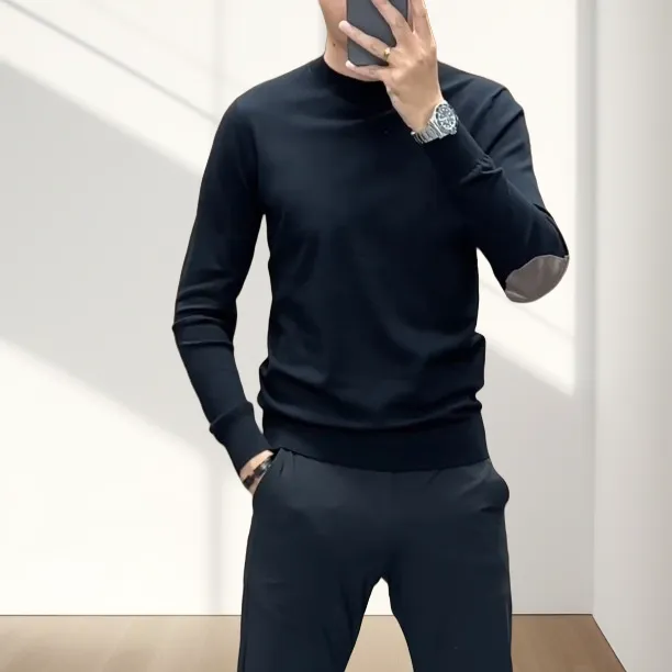 【轻奢品质】2024秋冬季新品男士纯色针织毛衣肘部拼接长袖毛衣推荐