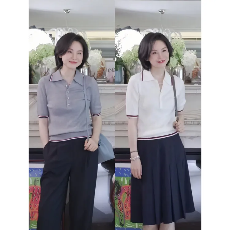 RuienCo. 法网女明星 精纺绵羊毛坑条撞色polo领早春半开襟针织衫