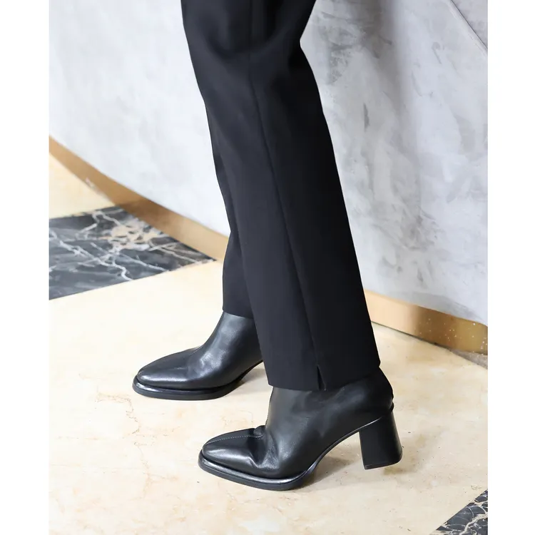 RuienCo.英伦风黑标短靴 小牛皮羊皮时髦百搭方圆头粗跟通勤靴子