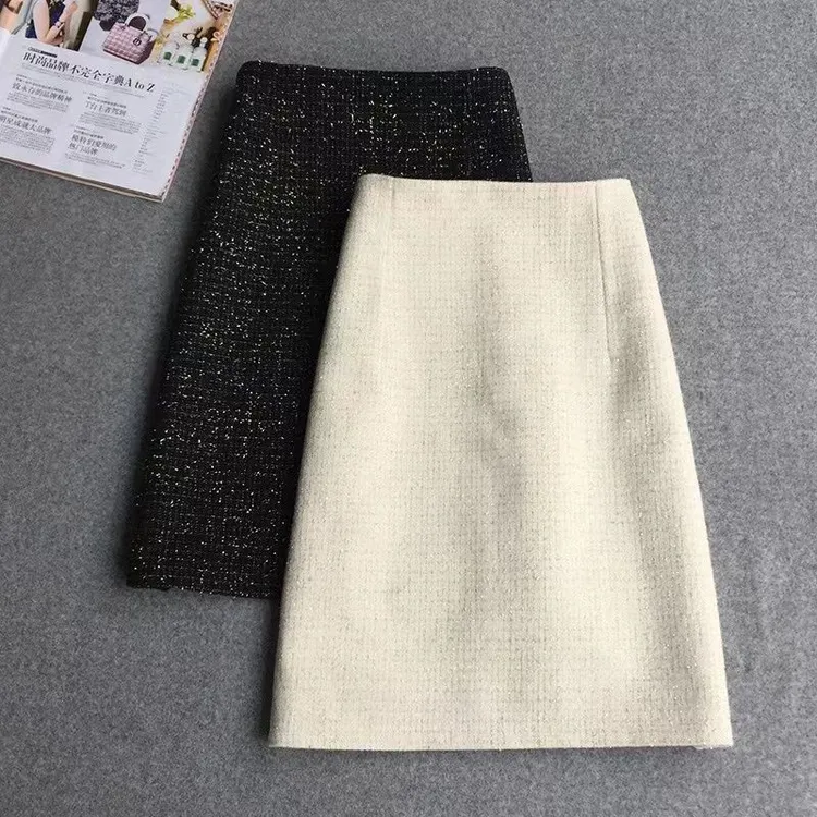 半身裙女小香风包臀裙2025过年新款毛呢金丝中裙黑色短裙白色冬裙