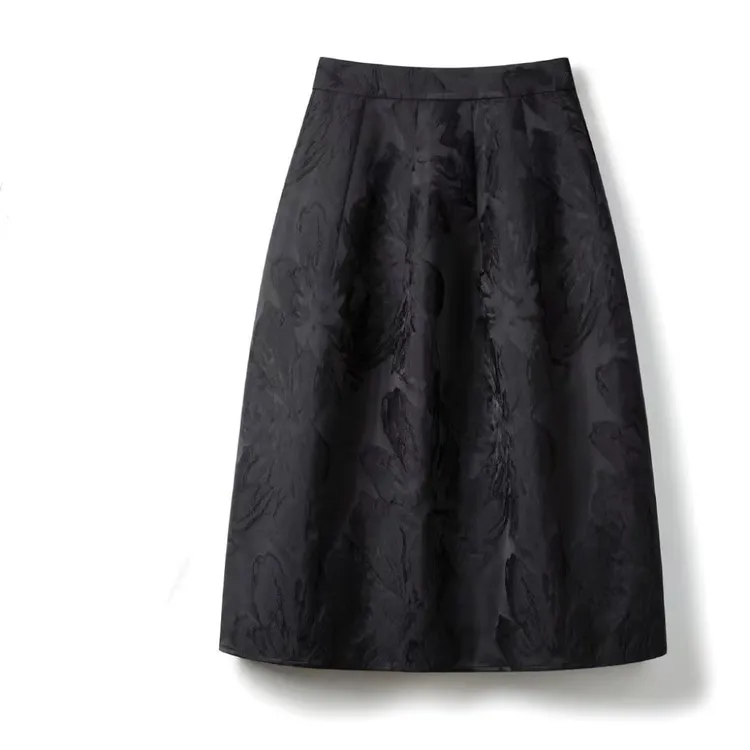 黑色提花半身裙女中长款2025秋冬新款肌理感高腰a字裙蓬蓬花苞裙