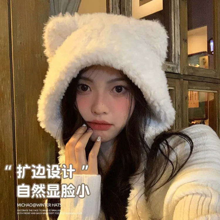 可爱小熊耳朵护耳帽女冬季大头围针织毛绒帽骑车防寒毛茸茸套头帽