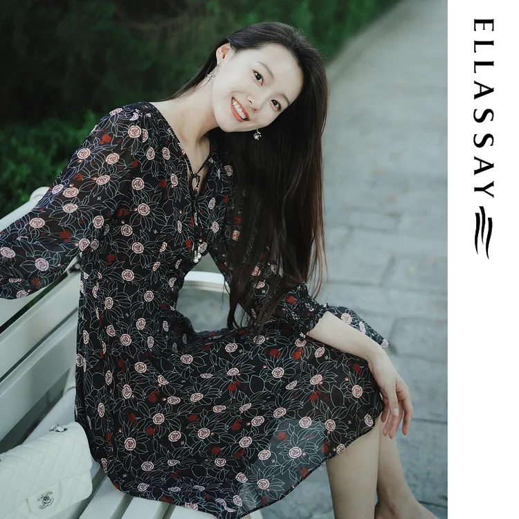 ELLASSAY/歌力思【香水玫瑰】秋季新款桑蚕丝玫瑰连衣裙EWE353Y0480