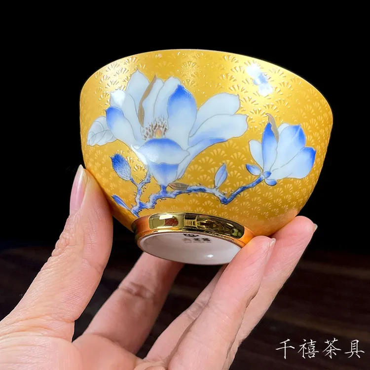 高档惠质金兰玉兰花茶碗陶瓷个人专用主人杯白瓷纯手工家用品茗杯