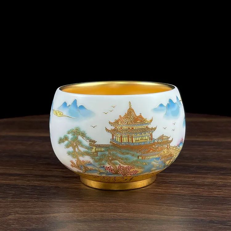 高档白瓷鎏金更上一层楼杯手工个人专用喝茶主人杯陶瓷茶具品茗杯