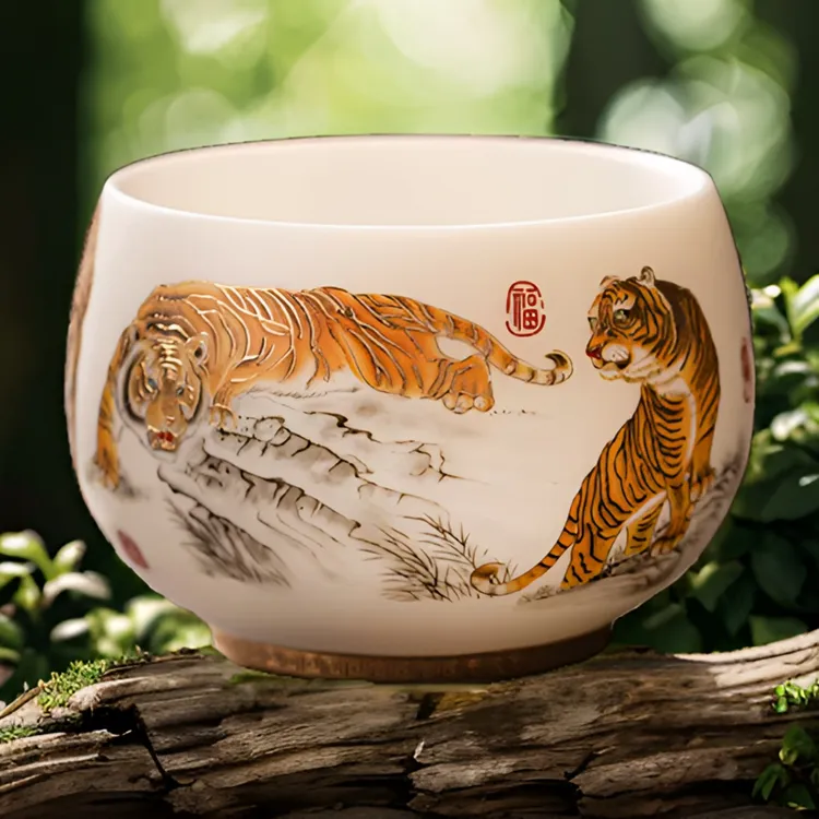 羊脂玉白瓷老虎主人杯茶盏茶杯单杯品茗杯男士虎年个人专用杯泡茶