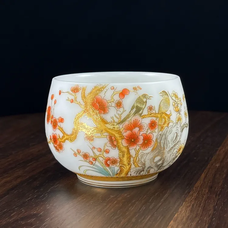 高档喜上梅梢冰种玉瓷主人杯个人单杯羊脂玉梅花纯手工品茗杯家用