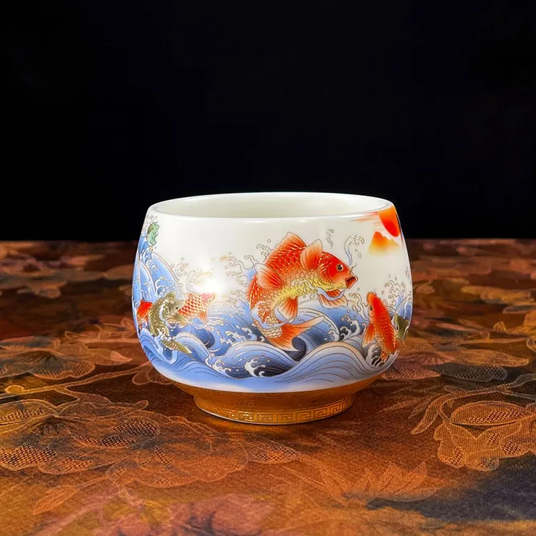 高档力争上游羊脂玉鱼跃龙门罗汉杯陶瓷杯子家用主人杯大容量茶杯