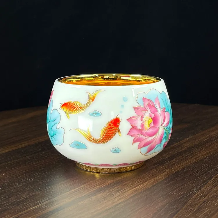 高档鎏金鱼戏荷塘荷花茶杯个人专用陶瓷办公送礼女士主人喝茶杯子