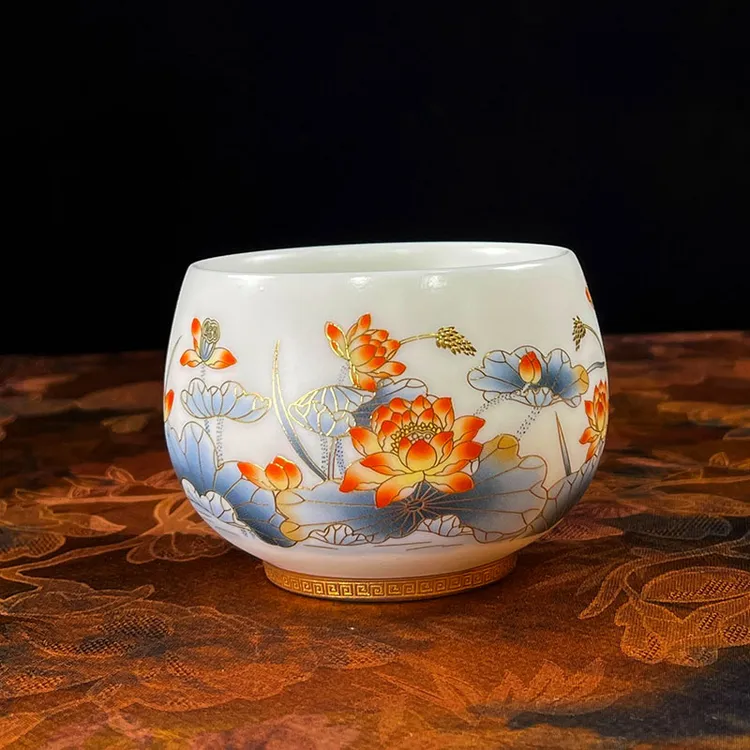 轻奢描金满堂荷趣莲花茶杯白瓷罗汉杯个人家用盏陶瓷主人杯礼盒装